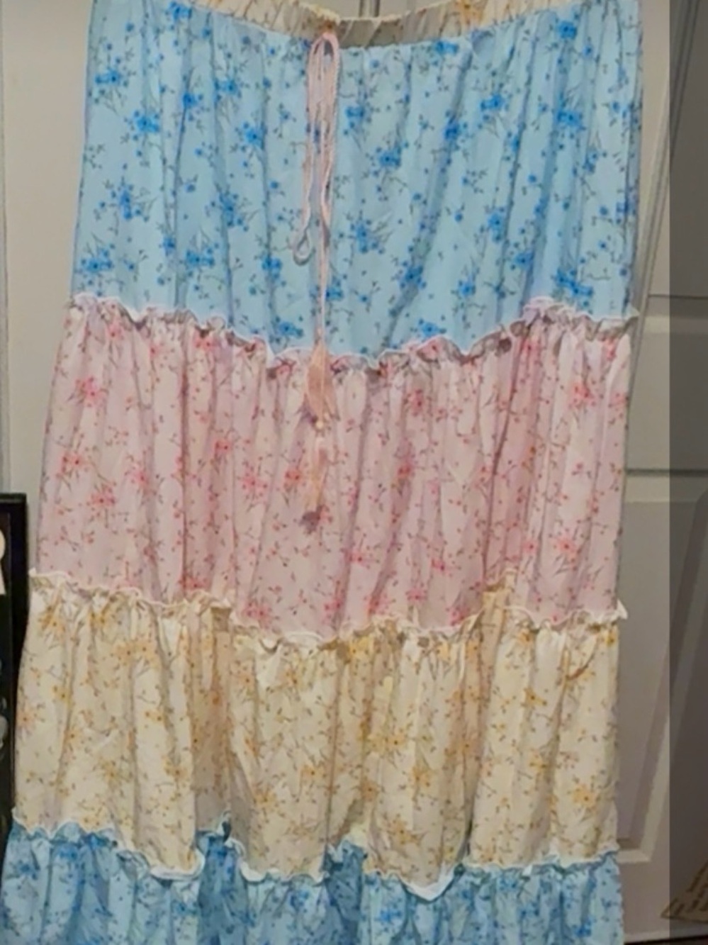 Bohemian Tiered Floral Maxi Skirt in Blue, Pink & Cream